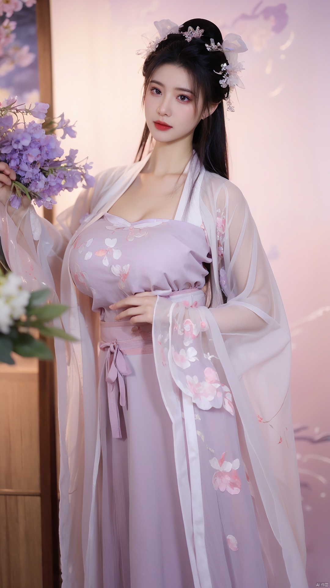  masterpiece,qingyi,danya,1girl,black hair,hanfu,(flower:1.5),realistic,hair ornament,chinese clothes,(purple dress:1.39),black eyes,long sleeves,holding,holding flower,,hanfu,cho girl, longfeihanfu,looking at viewer,(big breasts:1.89)