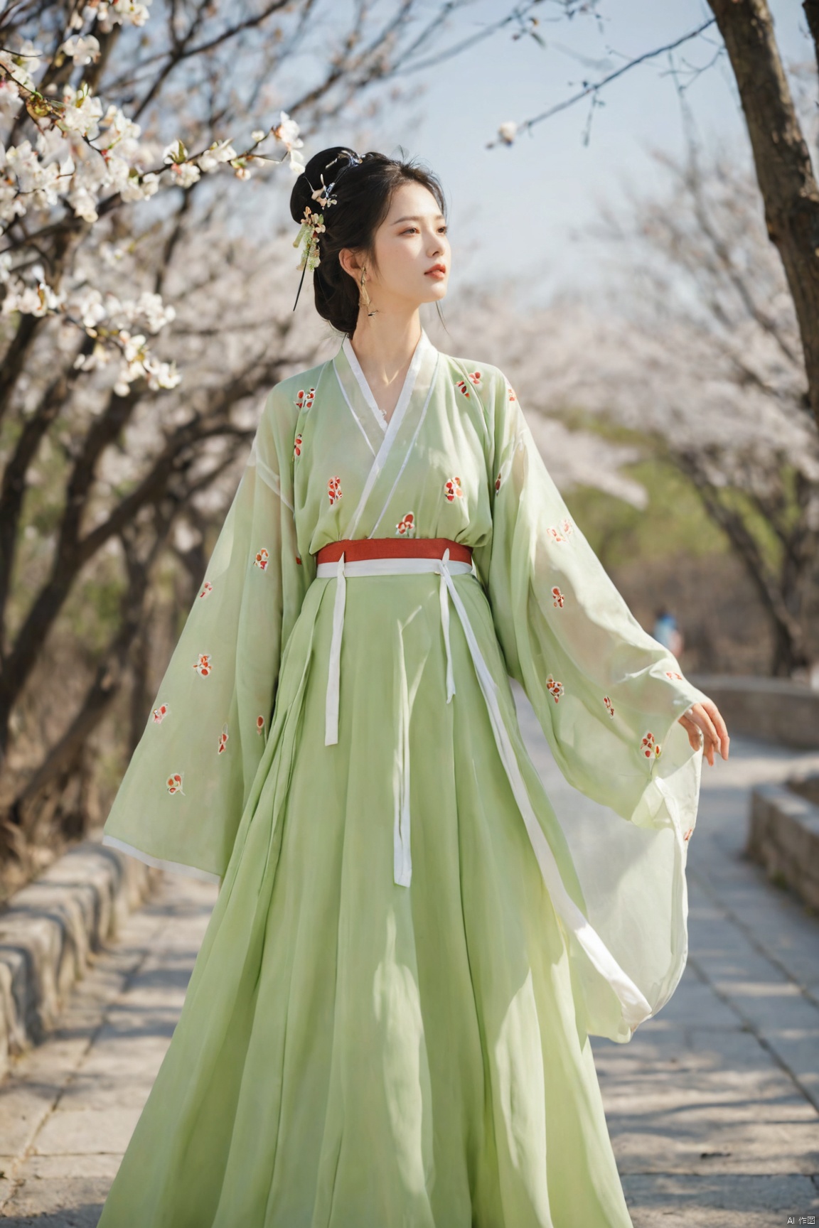  A girl,skirt,jewelry,long_hair,necklace,earrings,perfect body,standing,(large breasts:1.29),looking at viewer,chinese clothes,china dress,hanfu,cherry_blossoms,in spring,sunny,sunny,wind,cloud,bright,
, ming_hanfu, daxiushan, weijin_hanfu