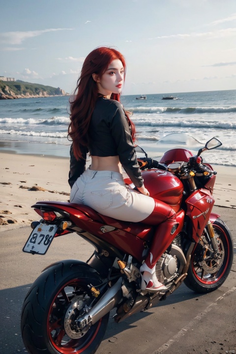  Masterpiece,best quality,(Highest picture quality),(Master's work),(ultra-detailed),{top quality},(sea background:1.2),(1 girl driving a motorcycle:1.4),(red hair:1.3),(bare long leg:1.1),desert background