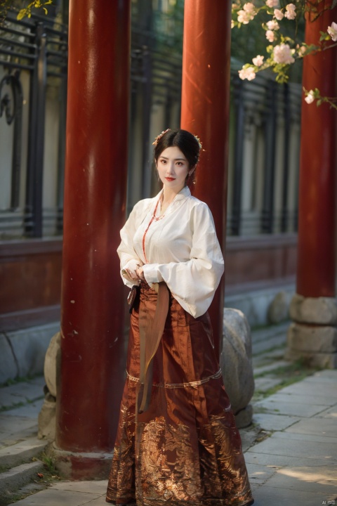 ming_hanfu,1girl,(spring,flowers:1.2),looking_at_viewer,,(big breasts:1.29), hanfu