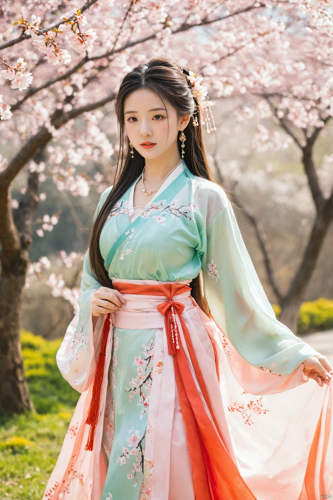  A girl,skirt,jewelry,long_hair,necklace,earrings,perfect body,standing,large breasts,looking at viewer,chinese clothes,china dress,hanfu,cherry_blossoms,in spring,sunny,sunny,wind,cloud,bright,
, ming_hanfu, daxiushan