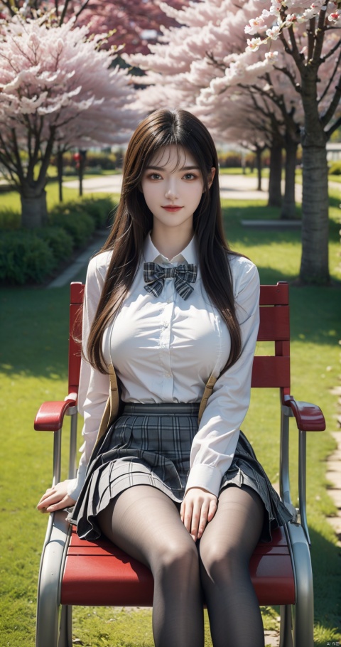 masterpiece,best quality,extremely detailed 8K wallpaper,1girl,JK,plaid skirt,school uniform,brown shoes,sitting,smile, JK, (big breasts:1.39), ((poakl)),upper body,(Sitting in a park chair:1.3),(Under the cherry trees in the university campus garden:1.3)