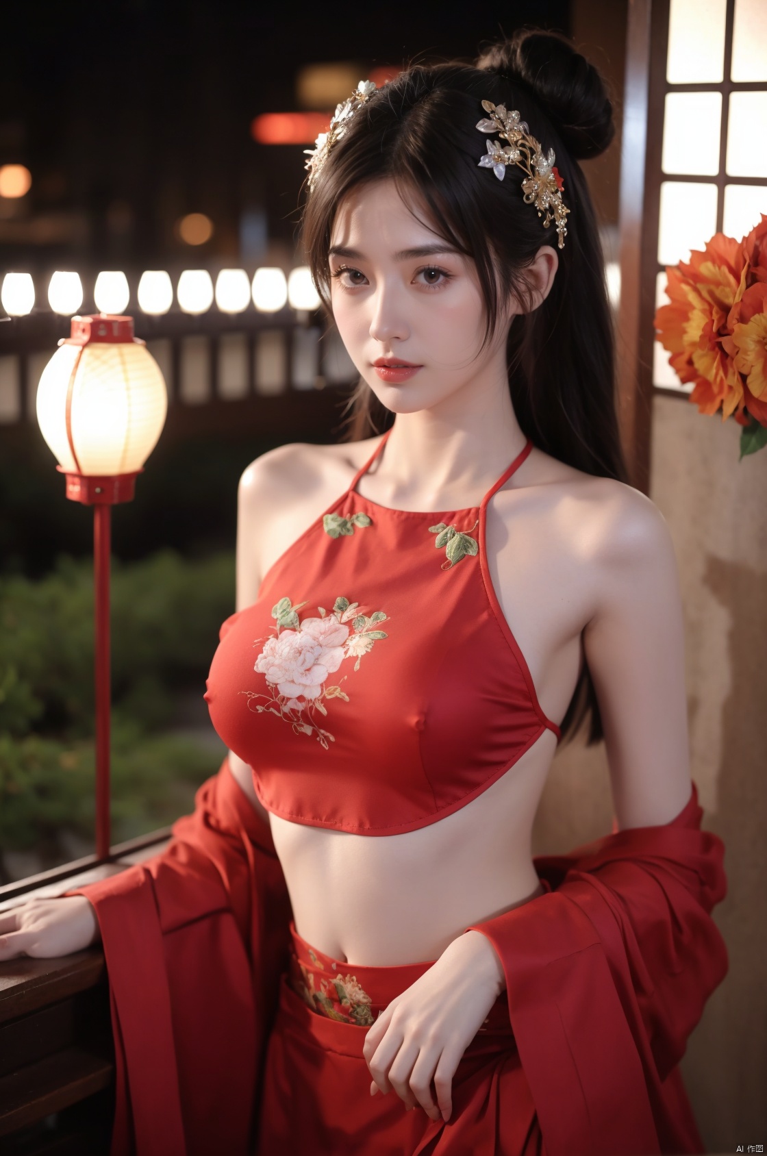  1girl, navel, solo, midriff, bare shoulders, lantern, hair ornament, flower, hair flower, paper lantern, black hair, red lips, looking at viewer, chinese clothes, dress, blurry, solo focus, long hair, lips, night, lipstick, outdoors, upper body, blurry,huge breasts. background, solo, makeup, hair bun,nude, Hashimoto_Kanna