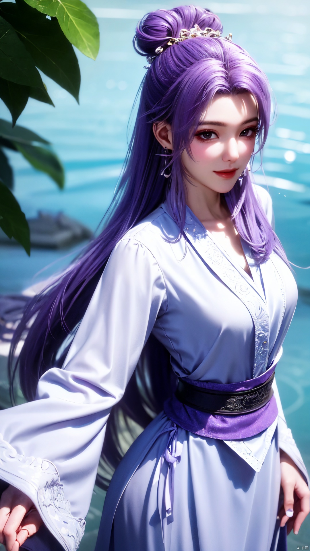  cowboy_shot,(Good structure), DSLR Quality,Depth of field,kind smile,looking_at_viewer,Dynamic pose, 1girl, purple hair, long hair, hair ornament, , solo, dress, earrings, jewelry, hair bun, Yunxiao_Fairy, hanfu, Water_butterfly