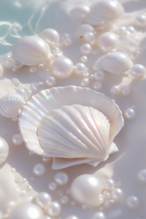 pearl_shell,shiny,no humans,still life,pearl,shell,beach,water, Succulent_Plants, weijin_hanfu