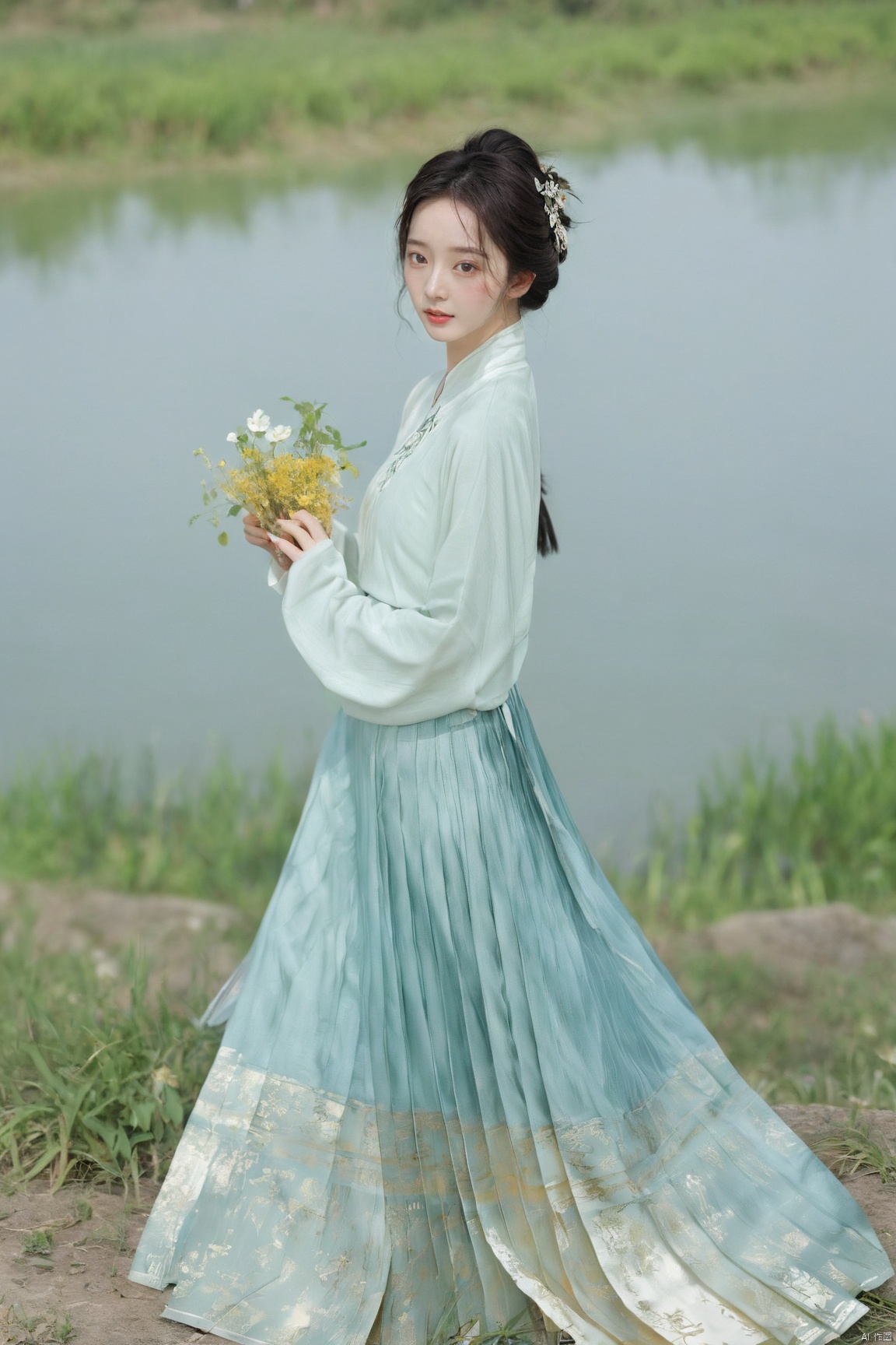  Enhanced, masterpiece, 16K, girl, Solo, Flower Field, rape flower, (\meng ze\), yue , hair ornament , hanfu,(big breasts:1.59), ming_hanfu,mmq_hanfu