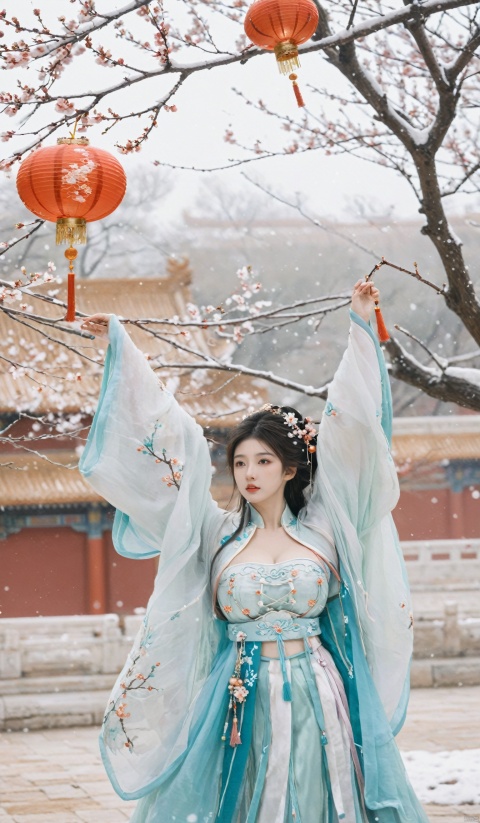 (hanfu),1girl,half,(Masterpiece:1.2), best quality, arien_hanfu,1girl, (falling_snow:1.39), looking_at_viewer,(big breasts:1.99),
BREAK,
(plum blossoms:1.2),(Traditional Chinese lanterns hanging from the trees:1.1),Forbidden City, hand101,(big breasts:1.99), GUOFENG, HanFu, HUBG_Beauty_Girl, MAJICMIX STYLE, Face Score
