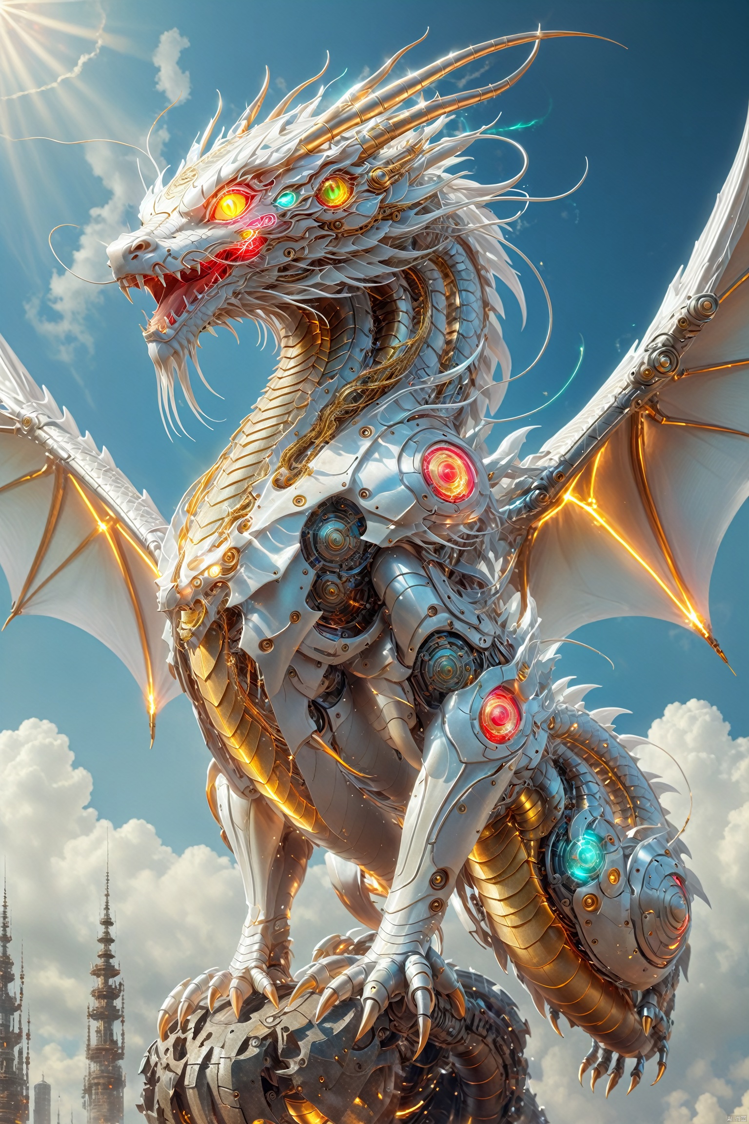  A huge cyberpunk style dragon is flying in the sky, its body made of metal and machinery, shining with golden light. Its wings spread out, as if flying in the clouds. The dragon's eyes emit a laser, giving people a mysterious and powerful feeling. High definition, clear and realistic painting art