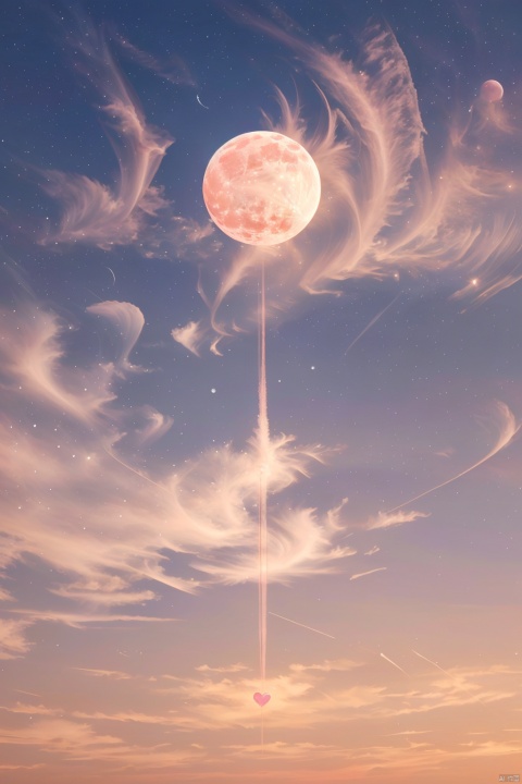 sky,Heart shape pink cloud,fullmoon,stars ,Master, photography, artwork, minimalist style, Morandi color system