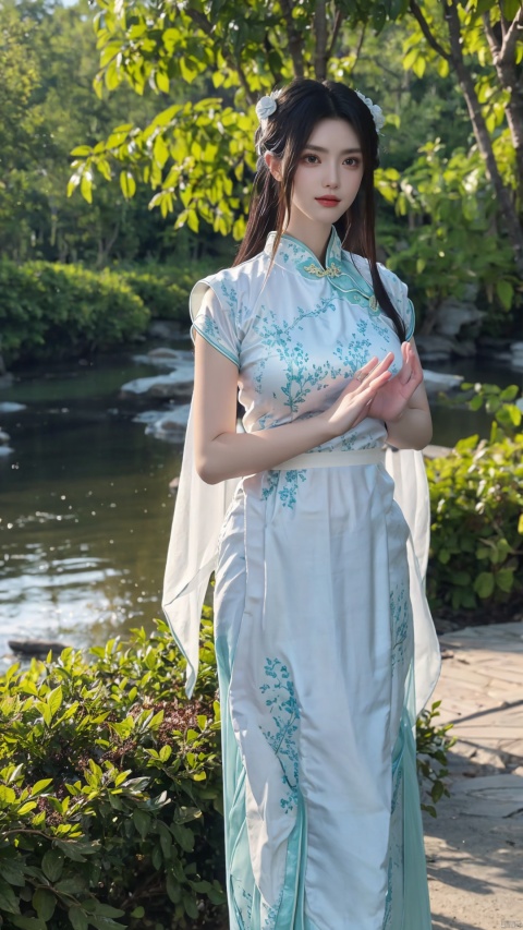  a woman, the woman's gaze is directed towards the camera, her posture is upright and poised, and her hands are gracefully positioned by her side. the environment is lush and green, suggesting a serene and natural setting. the hanfu is flowing and drapes elegantly around her, with intricate embroidery and patterns. the overall mood conveyed is one of elegance, tradition, and serenity,(big breasts:1.39)