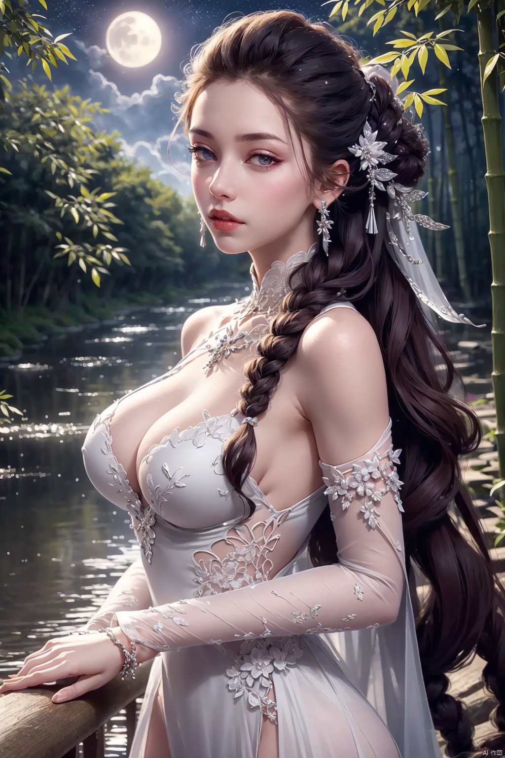 outdoor,(large breasts:1.2),flowers,floating hair,sky,rainbow,moon,sky,stars,(arms at sides:1),(rstanding:1.3),bamboo forest,river,1girl, solo, hair ornament, dress, brown hair, white dress, jewelry, earrings, upper body, braid,  looking at viewer, long hair,official art,extremely detailed cg 8k wallpaper,looking at viewer,(extremely delicate and beautiful),realistic, photo_\(medium\),,Xbaiyijun