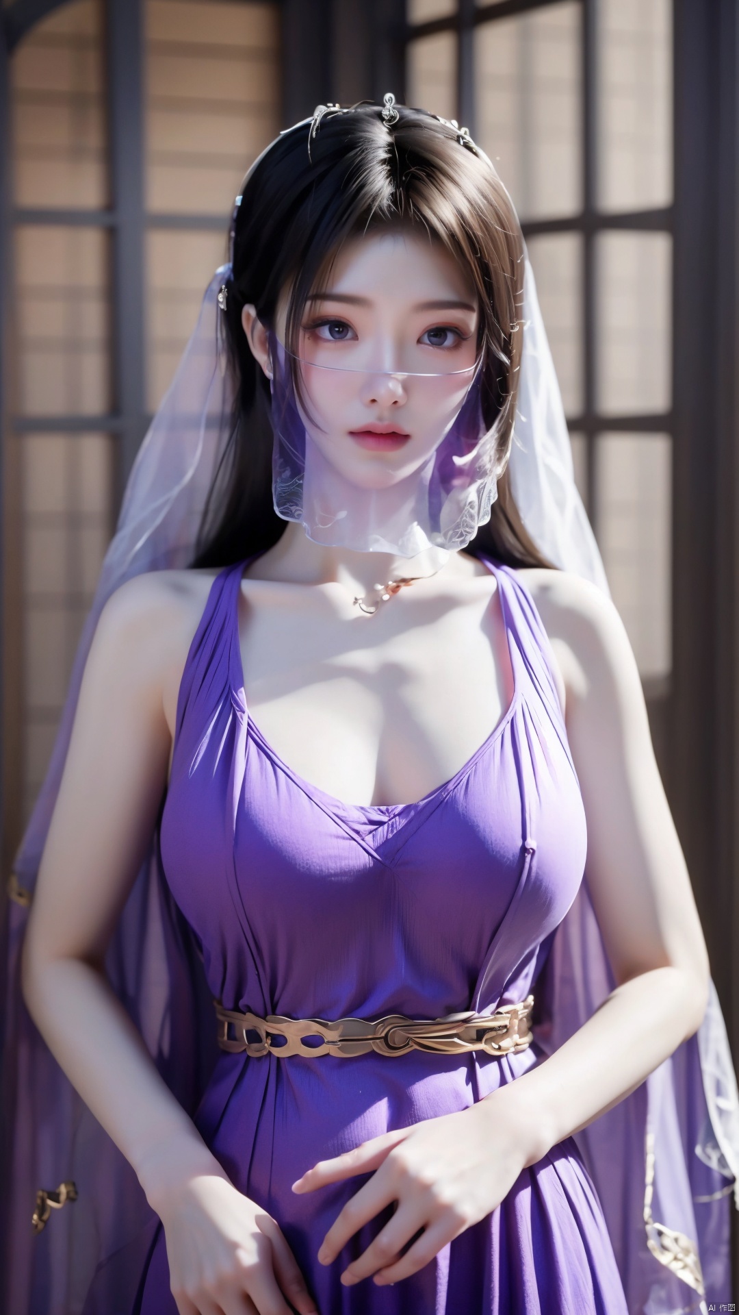 best quality,masterpiece,ziling_xianzi,1girl,solo,long hair,looking at viewer,jewelry,closed mouth,purple eyes,(Purple Veil:1.3),purple hair,(big breasts:1.29), ziling_xianzi