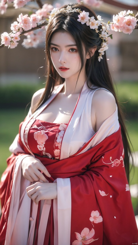  arien_hanfu,1girl,
BREAK,
(In spring, petals are falling and the garden is full of peach blossoms:1.2),looking_at_viewer,(big breasts:1.2)