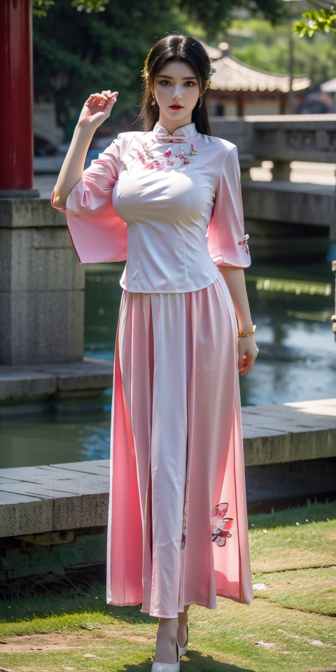  (pink printed chinese upshirt:1.1),
BREAK,
(blue long skirt),1 girl,(big breasts:1.8), high heels,(short hair:1.1), (realistic:1.7),((best quality)),absurdres,(ultra high res),(photorealistic:1.6),photorealistic,octane render,(hyperrealistic:1.2), (big breasts:1.8), (photorealistic face:1.2), (8k), (4k), (Masterpiece),(realistic skin texture), (illustration, cinematic lighting,wallpaper),( beautiful eyes:1.2),((((perfect face)))),(cute),(standing),(black hair),(short hair), (outdoors),long skirt, QIPAO,, (big breasts:1.86),1girl, ((poakl)),full body