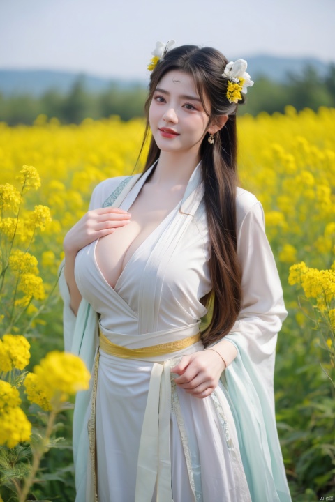  Enhanced, masterpiece, 16K, girl, Solo, Flower Field, rape flower, (\meng ze\), yue , hair ornament , hanfu,(big breasts:1.59),tang_hanfu