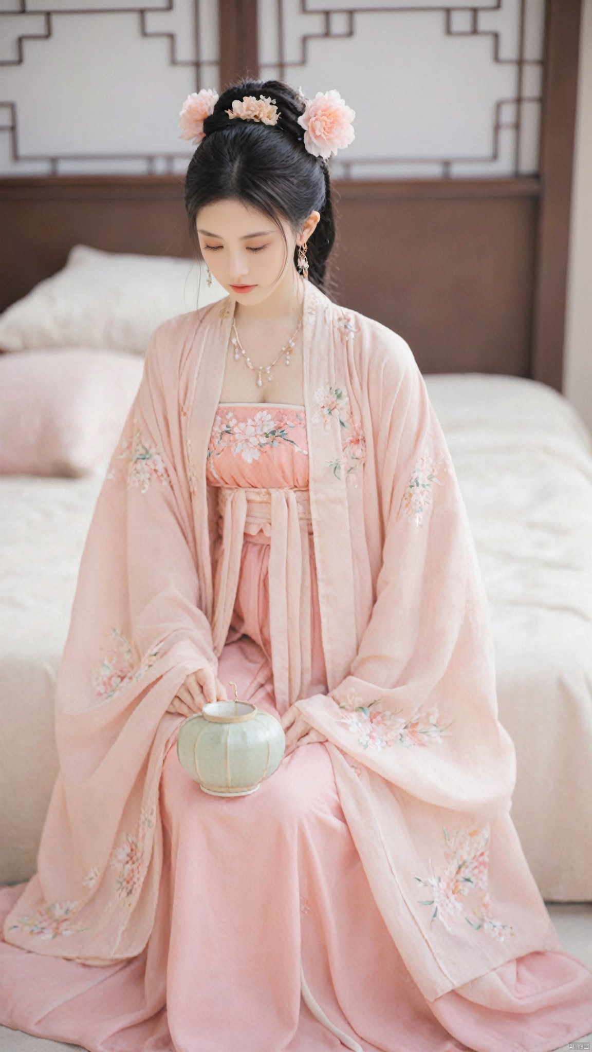  1girl, solo, long hair, black hair,Hairpins,necklace, hair ornament, long dress, full body, flower, earrings, indoors, hair bun, pink dress,(Tube top Hanfu long skirt:1.1), pillow, bed, night, chinese clothes, table, branch,daxiushan, ,daxiushan style,(huge breasts:1.7), (full breasts), realistic,hanfu, daxiushan,Shoulders are exposed, , daxiushan, arien_hanfu