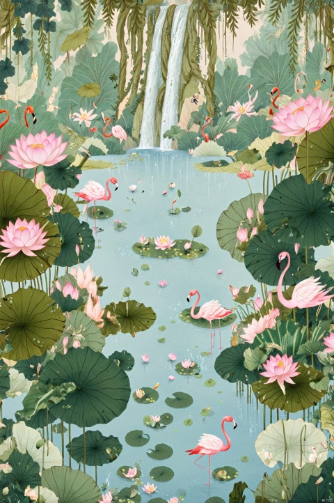  (best quality),((masterpiece)),(highres),original,extremely detailed 8K wallpaper,(an extremely delicate and beautiful), Children's Illustration Style,Waterfall, lotus pond, lotus, frog, flamingo