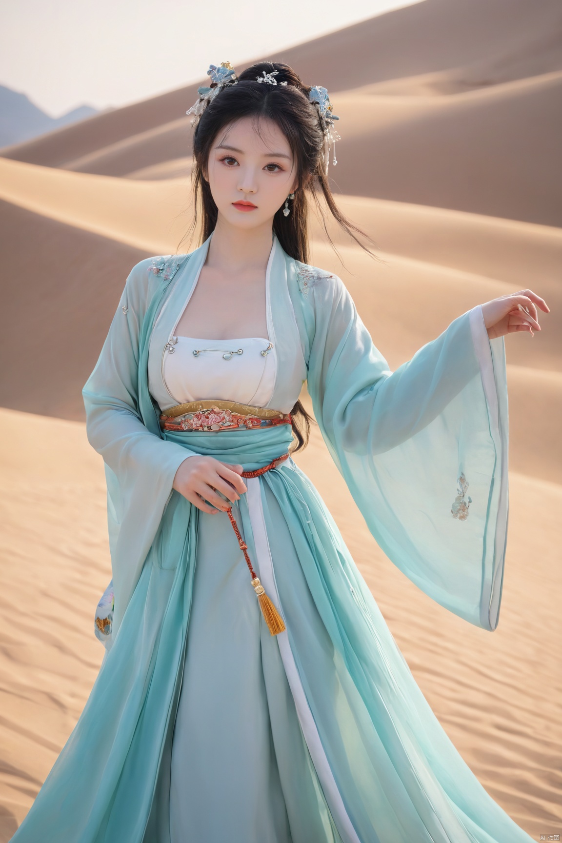 Surrealist beauty photo, hanfu,Xtianxiwei,(big_breasts:1.29), Yunxiao_Fairy,1girl,moyou, Yunxiao_xianzi, desert_sky, song_hanfu