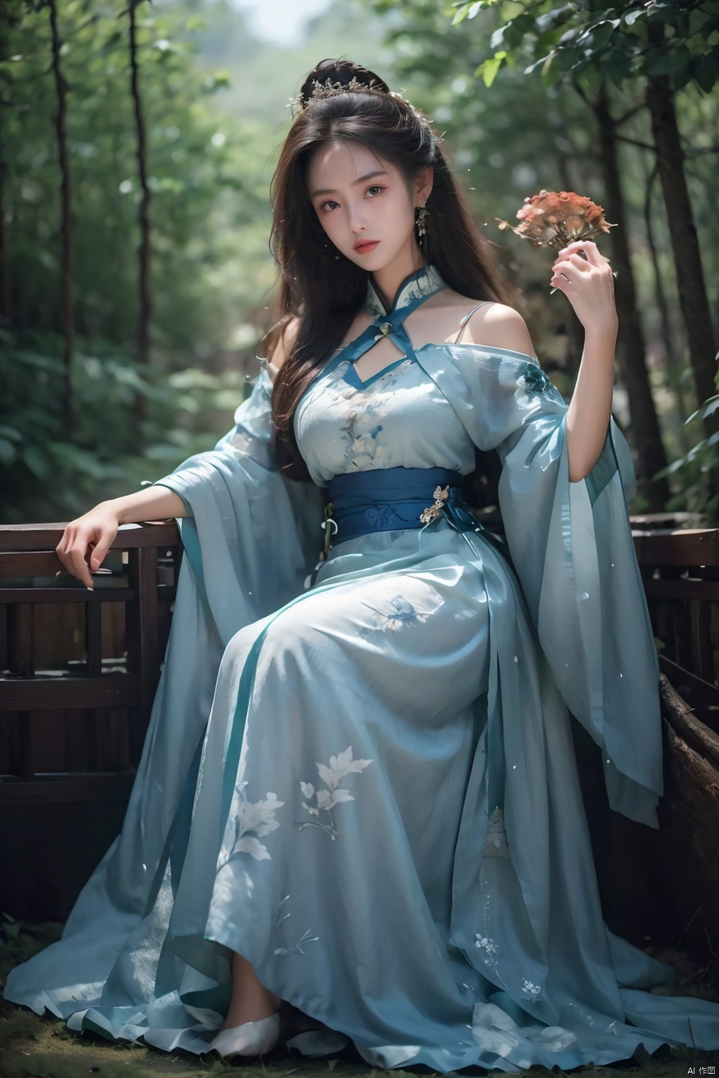  a woman in a green dress sitting on a tree branch with a bird flying over her head and a bird flying over her head,1girl,,hair ornament,black hair,long sleeves,,shawl,holding,jewelry,solo,long hair,full body,,earrings,tree,,wide sleeves,breasts,hair stick,flower,,,cleavage,bird, quality,masterpiece,ultra high res, , ,, , Detail, zixia, ((poakl)), chinese dress,blue dress,white dress