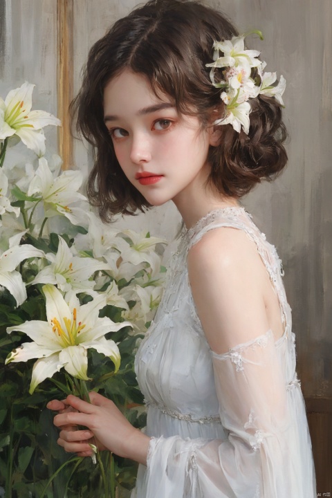  Best quality,masterpiece,1girl,beautiful_face,eyebrows_visible_through_hair,lily_\(flower\),dress,holding_flower,from_side,
