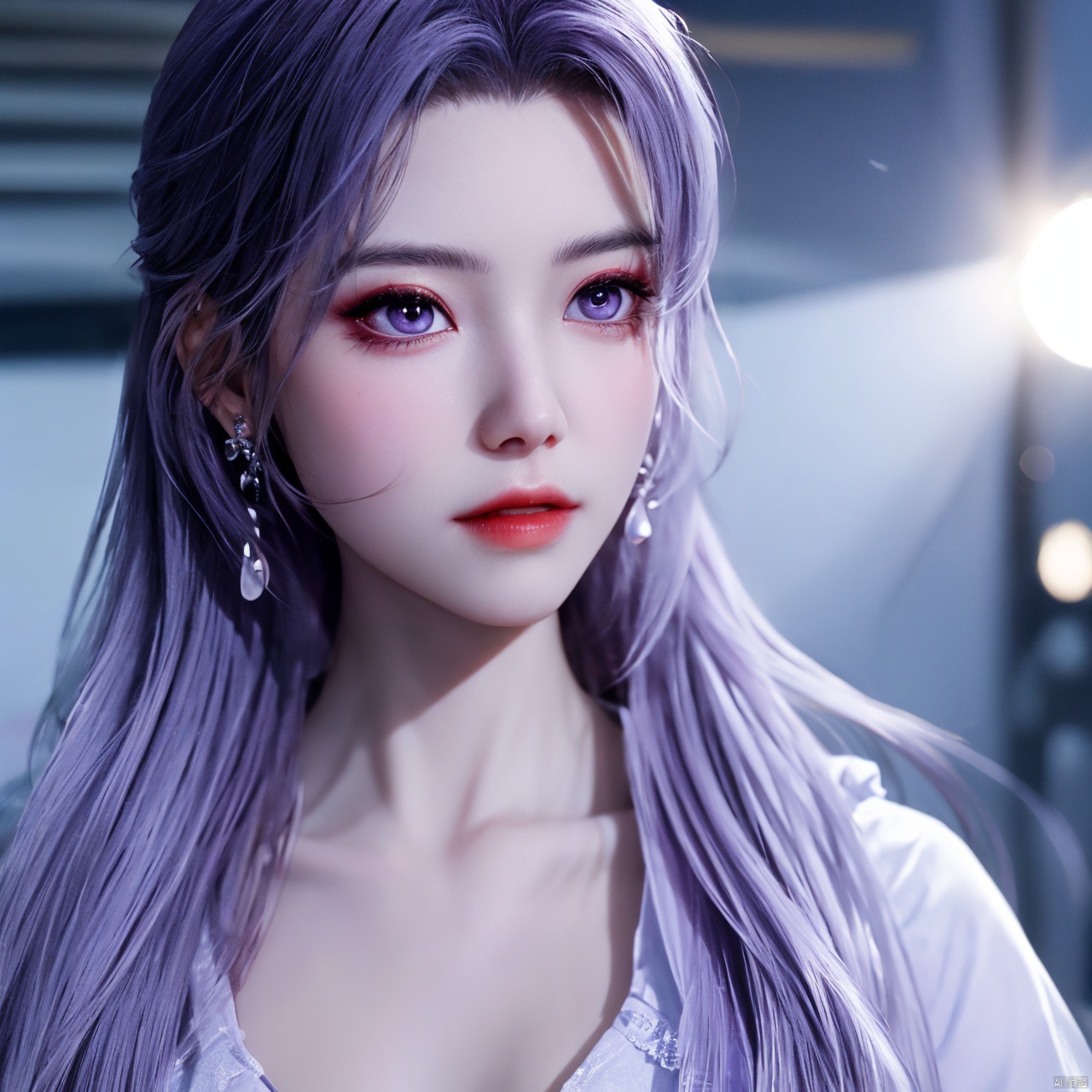  best quality,masterpiece,Yunxiao_Fairy,1girl,solo,long hair,looking at viewer,jewelry,closed mouth,purple eyes,upper body,purple hair,earrings,blurry,blurry background,sunlight,red lips,(big breasts:1.39)