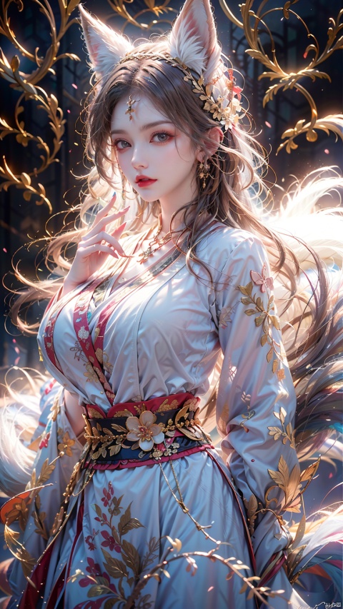  1 girl, solo, female focus, (Chinese dress）and red lips, bangs, earrings, kimono, Chinese cardigan, printed cloth, tassel, hand-held samurai knife.(Chinese dragon),(Huge Fox Pet),（White fox),(big breasts:1.39),
 (Masterpiece), (Very Detailed CGUnity 8K Wallpaper), Best Quality, High Resolution Illustrations, Stunning, Highlights, (Best Lighting, Best Shadows, A Very Delicate And Beautiful), (Enhanced) ·, long, machinery, Daofa Rune, shufa background, Spirit Fox Pendant