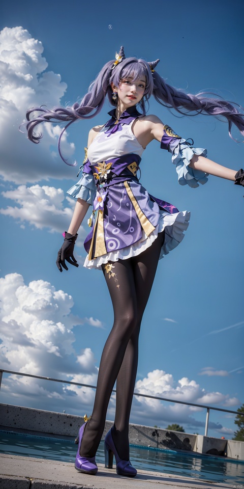  in the photo, the girl is floating in the sky, smiling at the camera, grin, surrounded by foam, Body glow, Arms outstretched,(big breasts:1.33),
(wide Angle, Low Angle, cloudy sky, bubble, foam, Super long purple hair floating in the sky, full body:1.5),

long purple hair, bangs, cone hair bun, double bun, hair flower, hair ornament, twintails, purple_eyes,
bare shoulders, large breasts, purple dress, large breasts, detached_sleeves, purple gloves, short sleeves,
black pantyhose, high_heels,
jewelry, earrings,

cloud, In the pool, swimming, keqing \(genshin impact\),

HDR, Vibrant colors, surreal photography, highly detailed, masterpiece, ultra high res,
high contrast, mysterious, cinematic, fantasy, bright natural light,houtufeng, pantyhose