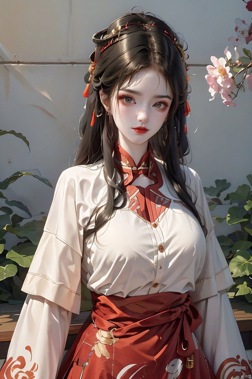 ming_hanfu,1girl,(spring,flowers:1.2),looking_at_viewer,,(big breasts:1.29), hanfu, QIEMANCN, gufeng