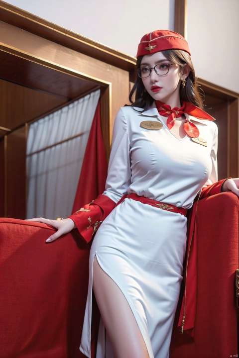  1girl,red lips, hat, thighs,Stewardess,chinese_clothes,white_dress,glasses,, (big breasts:1.29), 