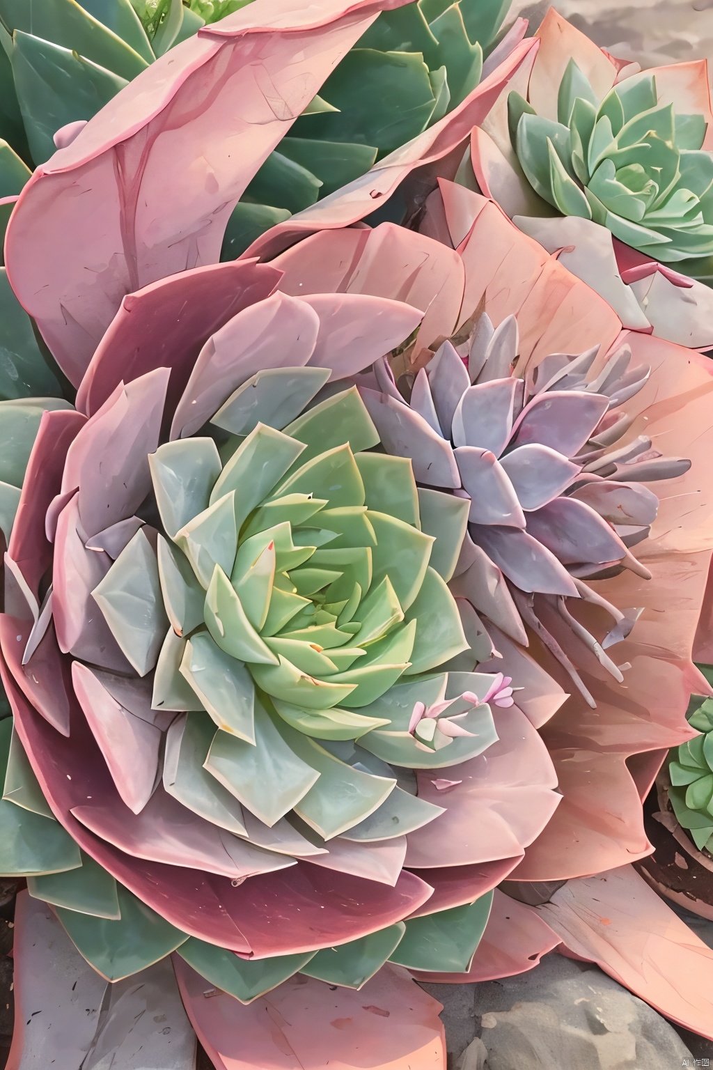 Succulent_Plants,succulent plants,(pink-blue-red-purple-green leaf),close-up, macro shot, outdoor