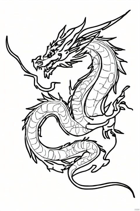  Chinese_zodiac,dragon,Chinese zodiac, simple drawing, One stroke of painting, a line art, black lines, white background, desert_sky,dragon