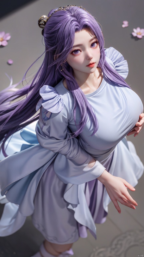  purple element,looking from above,above the knee,appear on camera,purple eyes,purple_flower,XYunxiao,,(big breasts:1.39),1girl,(purple Round neck dress:1.23),Masterpieces,