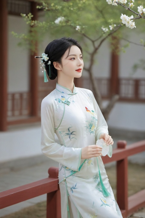  1girl, flower, solo, black hair, chinese clothes, hair ornament, hair flower, smile, indoors, vase, full body, red lips, holding, hand fan, long sleeves, blurry, own hands together, (big breast:1.89),cheongsam, X-Cheongsam, Lace_dress, X-aurora, song_hanfu, fantasy_butterfly, desert_sky,hanfu