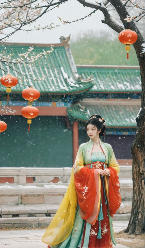 (green|red|yellow hanfu),1girl,half,(Masterpiece:1.2), best quality, arien_hanfu, 1girl, (falling_snow:1.39), looking_at_viewer,(big breasts:1.89),Forbidden City, (plum blossoms:1.3),(Traditional Chinese lanterns hanging from the trees), hand101, GUOFENG, HanFu, HUBG_Beauty_Girl, MAJICMIX STYLE, Face Score
