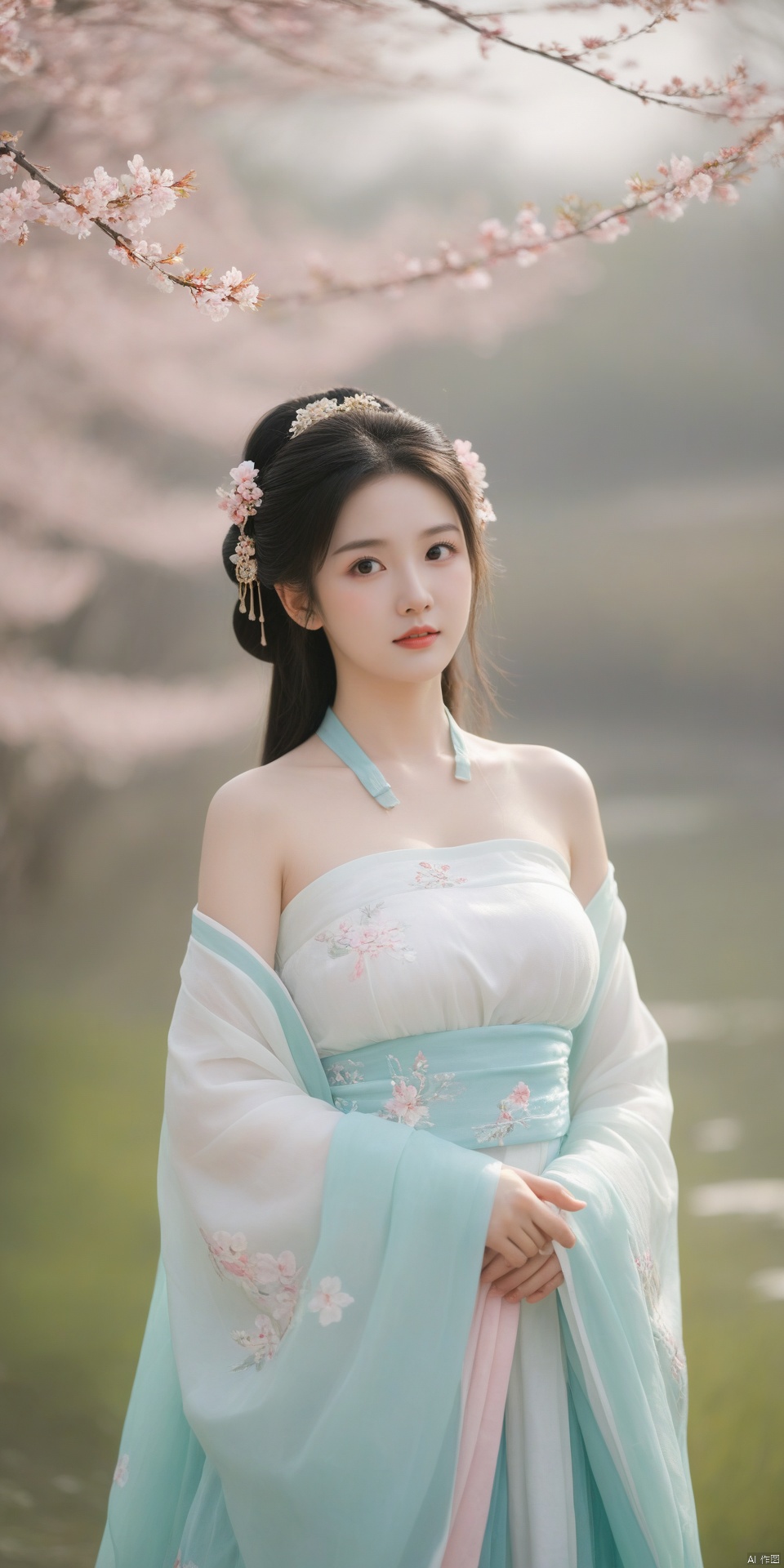  arien_hanfu,1girl,(Masterpiece:1.2), best quality, arien_hanfu,1girl, (spring,flower:1.3), looking_at_viewer,(big breasts:1.66), (plump breasts:1.6),(Tube top Hanfu:1.2),hand101,full body