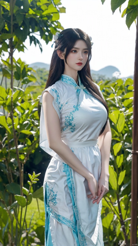  a woman, hanfu, the woman's gaze is directed towards the camera, her posture is upright and poised, and her hands are gracefully positioned by her side. the environment is lush and green, suggesting a serene and natural setting. the hanfu is flowing and drapes elegantly around her, with intricate embroidery and patterns. the overall mood conveyed is one of elegance, tradition, and serenity,(big breasts:1.39)
