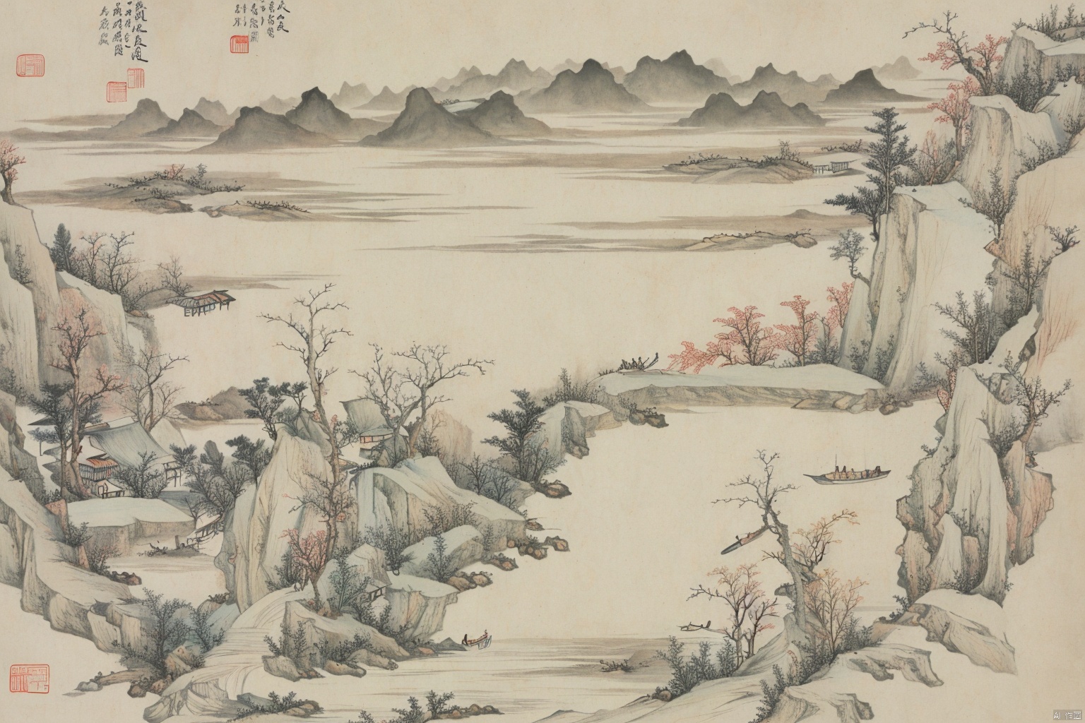 Chinese style ink landscape painting, trees, mountains, rivers, huts, boats, gf