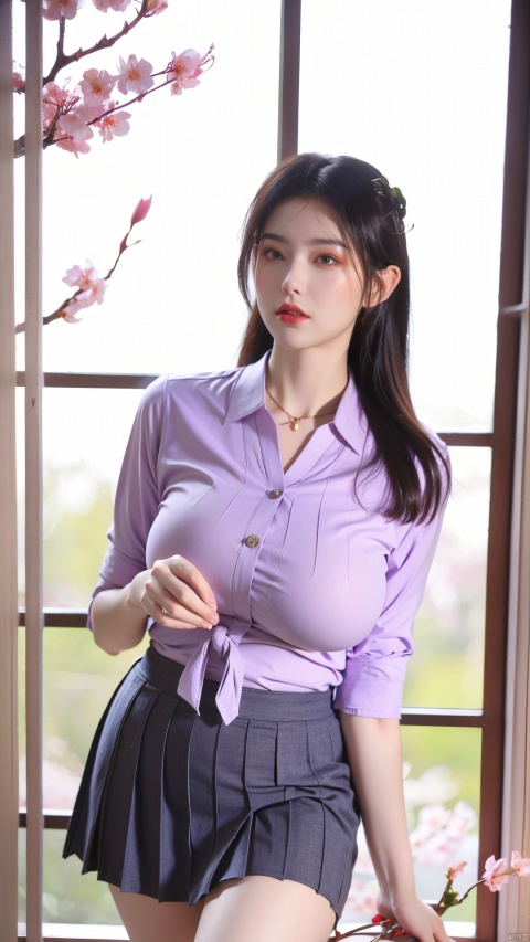  Best quality,masterpiece,1girl,(light purple business shirt:1.2), (huge breasts:1.56),(pink Tie:1.1), (Exposed thighs:1.3), (mini skirt:1.3), (pleated skirt:1.3),1 girl,(Cherry blossoms in front of the classroom window:1.39),(huge breasts:1.66),
