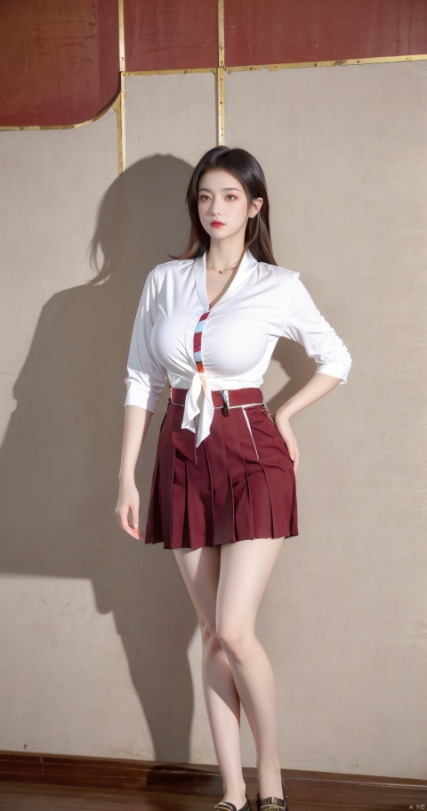 Best quality,masterpiece, 1girl,(red business shirt:1.2), (huge breasts:1.5),(Tie), (Exposed thighs:1.3), (mini skirt:1.3), (pleated skirt:1.3),1 girl,(red wall:1.3),(big breasts:1.6),(huge breasts:1.68),Clothes Chinese landscape painting hanging on the wall, ((poakl))
