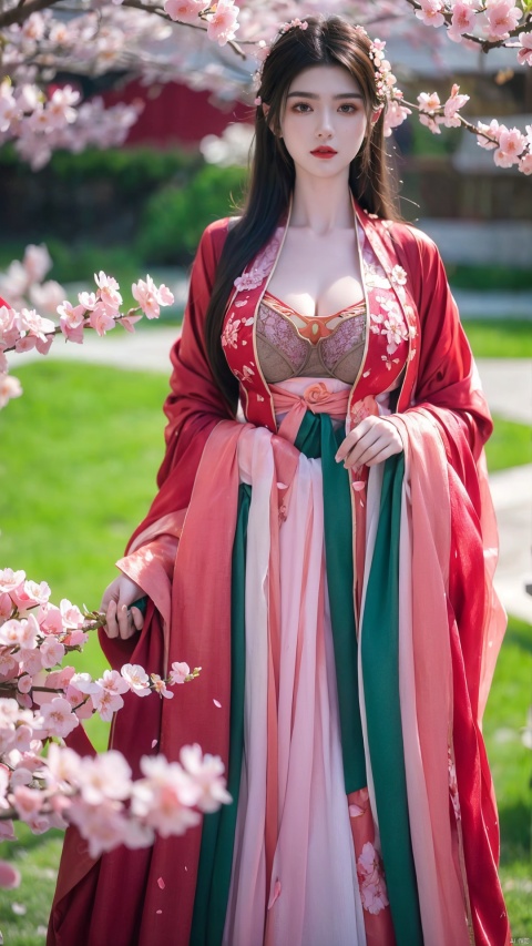  arien_hanfu,1girl,(In spring, petals are falling and the garden is full of peach blossoms:1.2),looking_at_viewer,(big breasts:1.2)