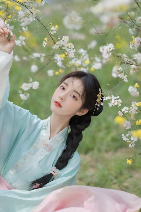  Enhanced, masterpiece, 16K, girl, Solo, Flower Field, rape flower, (\meng ze\), yue , hair ornament , hanfu,(big breasts:1.89), ming_hanfu