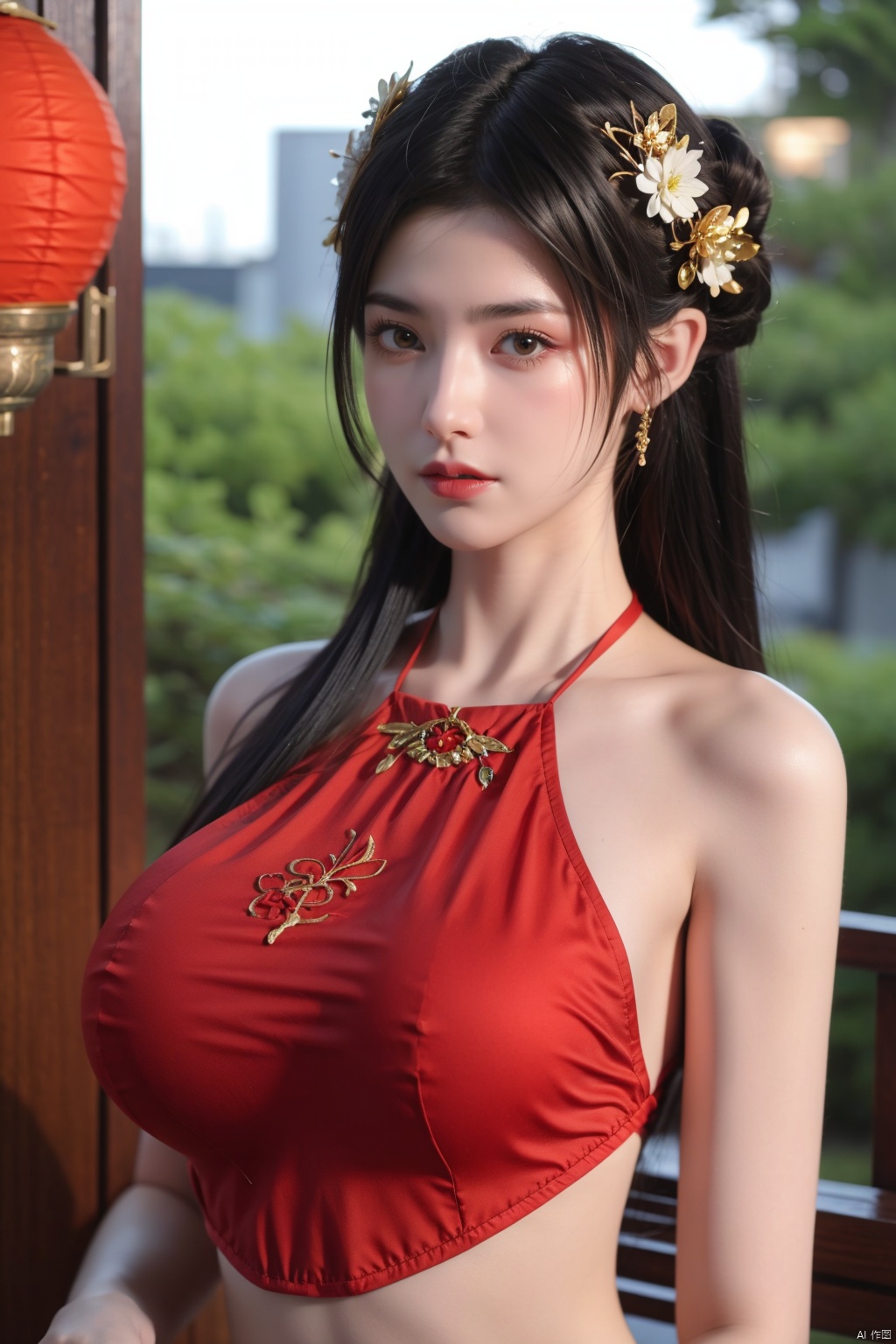  1girl, navel, solo, midriff, bare shoulders, lantern, hair ornament, flower, hair flower, paper lantern, black hair, red lips, looking at viewer, chinese clothes, dress, blurry, solo focus, long hair, lips, night, lipstick, outdoors, upper body, blurry,huge breasts. background, solo, makeup, hair bun,nude, Hashimoto_Kanna