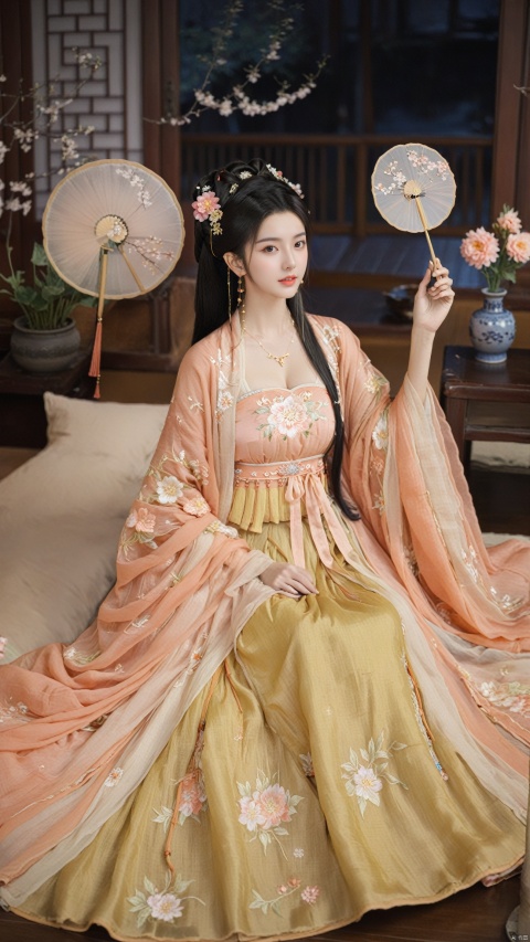  1girl, solo, long hair, black hair,Hairpins,necklace, hair ornament, long dress, full body, flower, earrings, indoors, hair bun, hanfu dress,(Tube top Hanfu long skirt:1.1),(Hand holding fan:1.2), pillow, bed, night, chinese clothes, table, branch,daxiushan, ,daxiushan style,(huge breasts:1.7), (full breasts), realistic,hanfu, daxiushan,Shoulders are exposed,daxiushan, arien_hanfu