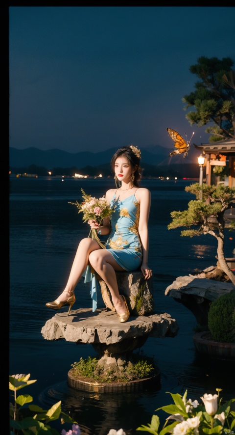  best quality, masterpiece, photo realistic,highly detailed, fashion photography, full body shot,full body photo,(a girl sitting on seawater:1.1), (seawater:1.1), reflection in water, lantern, (bonsai:1.1), (firefly: 1.4), insects, purist, esoteric,occult, geometric,(night:1.1), (gold/black theme:1.2),nature, dress, flowers,butterfly,girl, Aesthetic Background,sen,plan,flowers,tree,guanyin,bj_Devil_angel,flower,machinery,fairy tale girl,vortex,Chinese style,nvshen,ghostdom,Night scene,Colorful portraits,baihuaniang,evil ghost