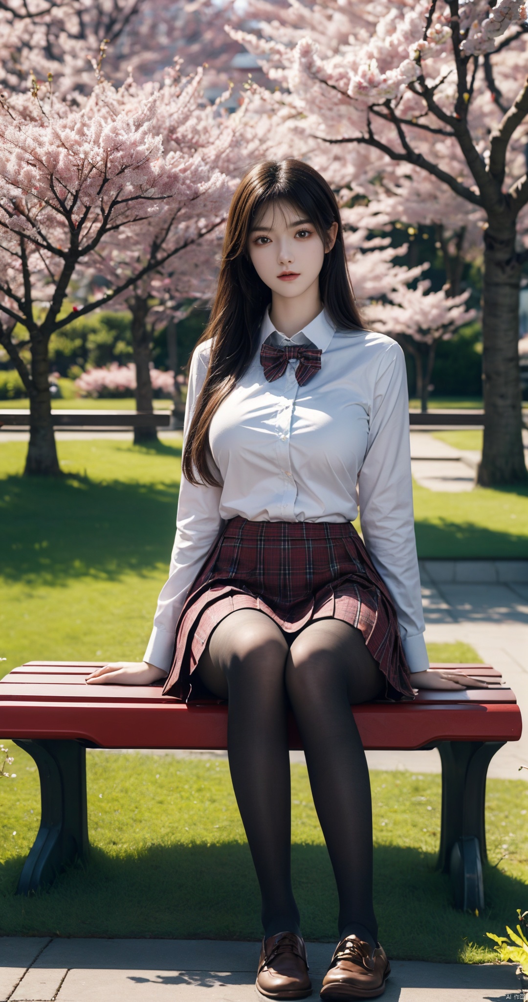 masterpiece,best quality,extremely detailed 8K wallpaper,1girl,JK,plaid skirt,school uniform,brown shoes,sitting, JK, (big breasts:1.39), ((poakl)),upper body,(Sitting on a park benchr:1.3),(Under the cherry trees in the university campus garden:1.3)