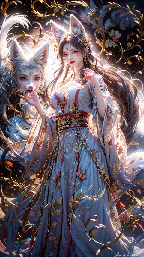  1 girl, solo, female focus, (Chinese dress）and red lips, bangs, earrings, kimono, Chinese cardigan, printed cloth, tassel, hand-held samurai knife.(Chinese dragon),(Huge Fox Pet),（White fox:1.3),(big breasts:1.59),
 (Masterpiece), (Very Detailed CGUnity 8K Wallpaper), Best Quality, High Resolution Illustrations, Stunning, Highlights, (Best Lighting, Best Shadows, A Very Delicate And Beautiful), (Enhanced) ·, long, machinery, Daofa Rune, shufa background, Spirit Fox Pendant