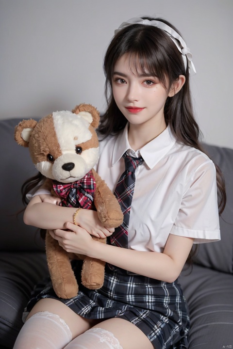  1girl, solo, stuffed toy, stuffed animal, long hair, bow, looking at viewer, hair bow, smile, black hair, ribbon, brown hair, teddy bear, bangs, mole,14 y.o.pink plaid skirt, necktie,white short sleeve shirt,white thighhighs, depth of field