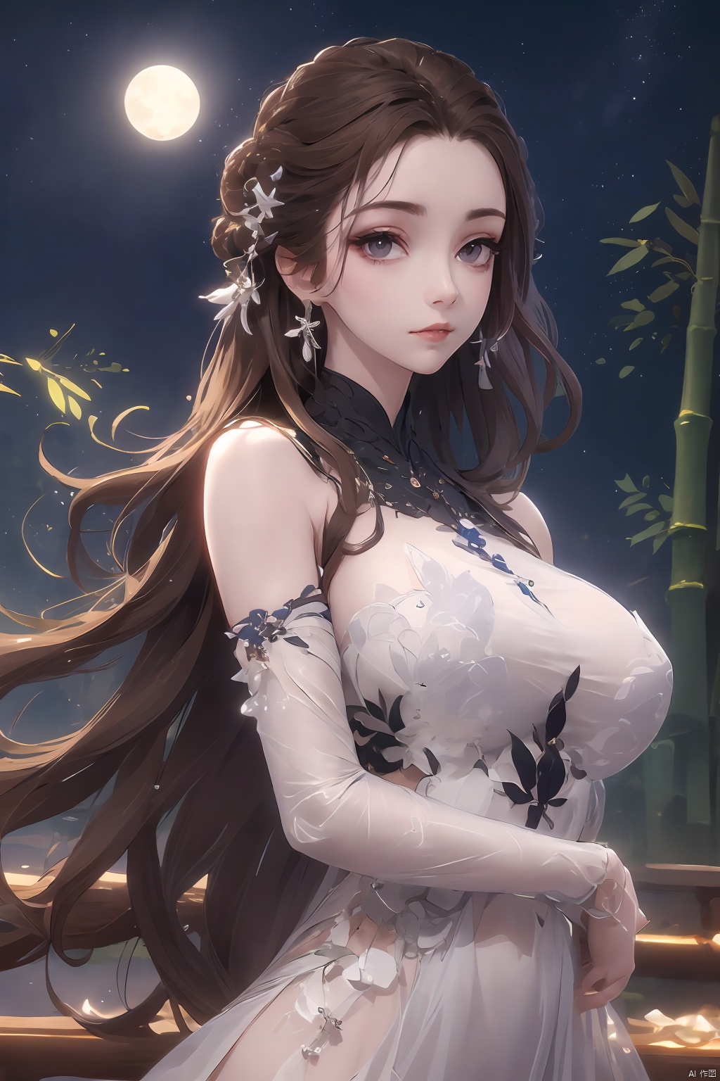 outdoor,(large breasts:1.29),flowers,floating hair,sky,rainbow,full moon,sky,stars,(arms at sides:1),(rstanding:1.3),bamboo forest,river,1girl, solo, hair ornament, dress, brown hair, white dress, jewelry, earrings, upper body, braid,  looking at viewer, long hair,official art,extremely detailed cg 8k wallpaper,looking at viewer,(extremely delicate and beautiful),realistic, photo_\(medium\),,Xbaiyijun,Ancient costume