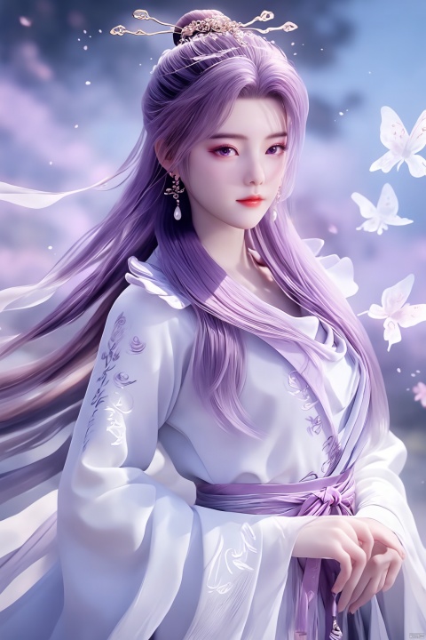  best quality,masterpiece,1girl,solo,long hair,looking at viewer,jewelry,closed mouth,purple eyes,upper body,purple hair,earrings,blurry,blurry background,sunlight,red lips,(big breasts:1.69), Yunxiao_xianzi, Brigitte Lin, X-aurora, pearl_shell, song_hanfu, fantasy_butterfly, Succulent_Plants, traditional chinese ink painting, hanfu, 2.5D, Ancient costume, Film Photography, film1,Film texture