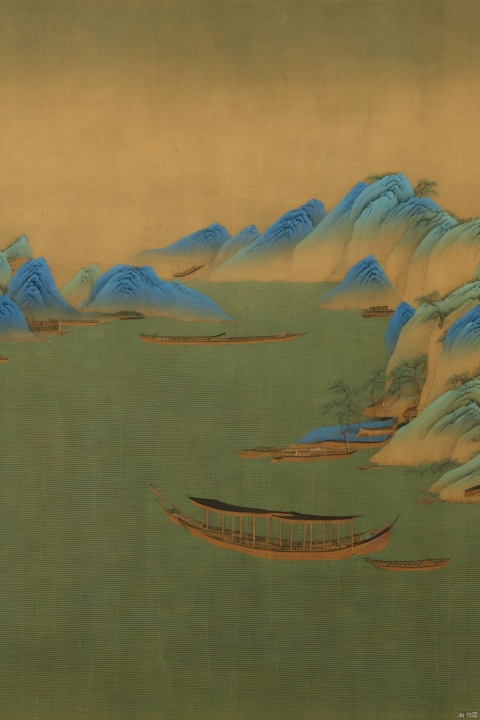 Chinese landscape painting,
ancient Chinese architecture,
mountains and rivers,
river,
plant,
Sky,
ancient wooden boat,
Thousands of Miles of Rivers and Mountains,
bridge